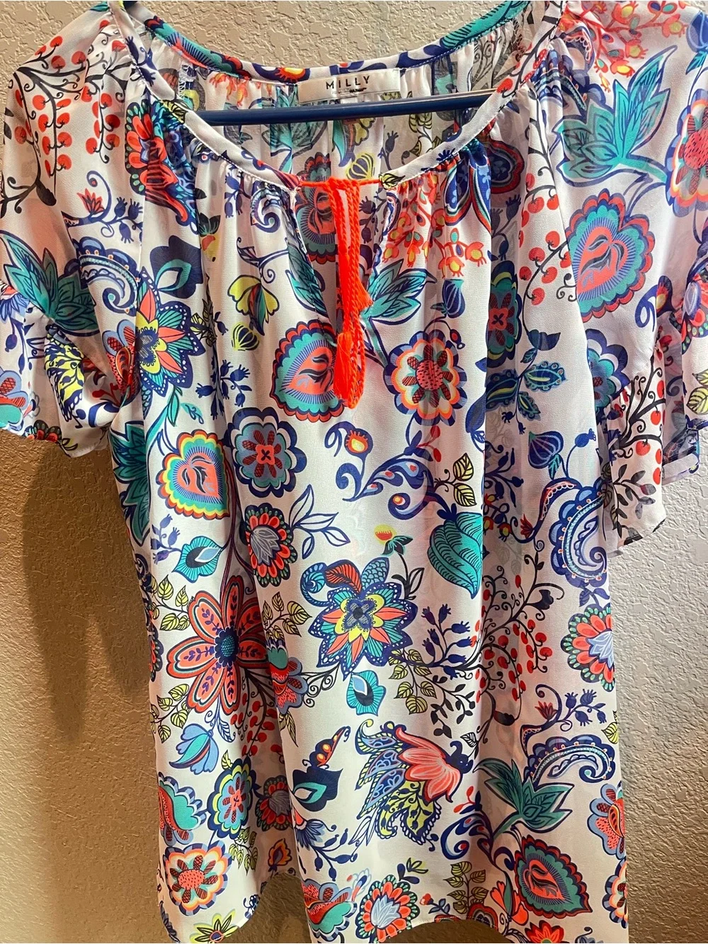Milly White Floral Boho Sheer Blouse with Multicolor Print and Coral Tassel